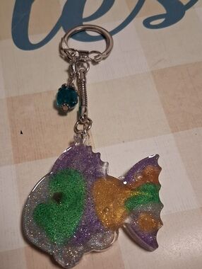 Decorative Glitter Fish Keychain - Purple, Green & Gold